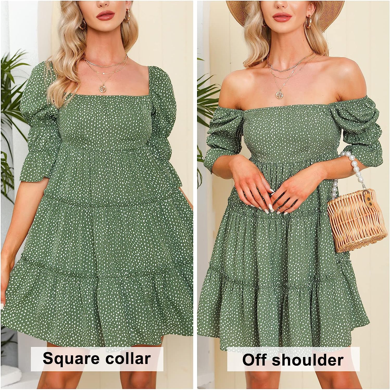 EXLURA Women's Tie Back Square Neck Dresses Puff Elbow Sleeve Off Shoulder Tiered Ruffle Floral Backless Mini Dress - Image 2